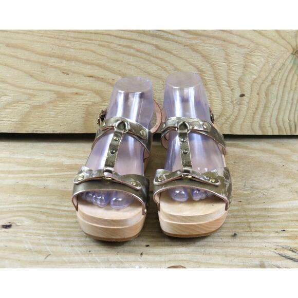 New Swedish Hasbeens Clogs 9.5 Metallic Gold 40 Rivet Wooden Platform Sandals - Picture 2 of 11